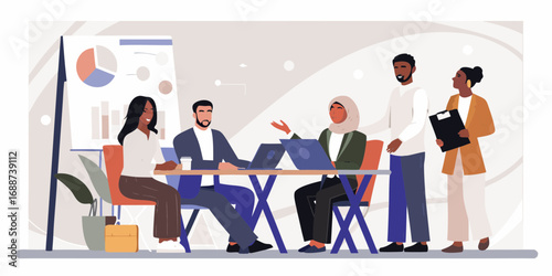 Diverse team of professionals collaborating in a modern office meeting with charts and laptops