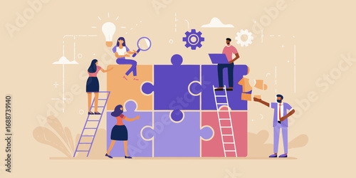 Diverse team collaborating to solve a complex puzzle representing business strategy and project completion