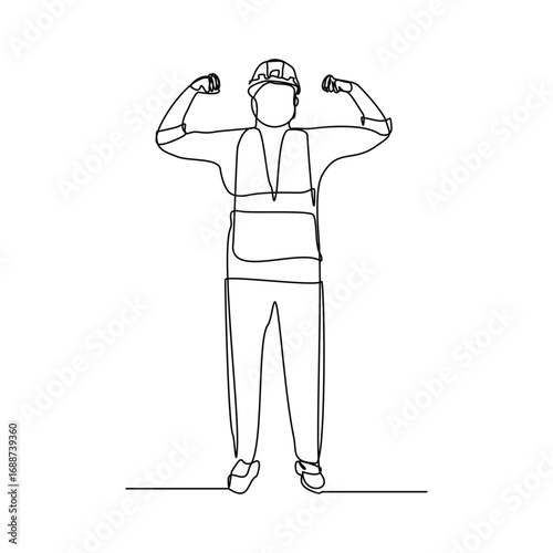 Continuous line drawing of standing building construction worker and engineering man. One line art of architect or engineer mechanic. Vector illustration editable stroke