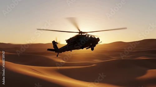 Military attack helicopter flying low over sand dunes in a vast desert during a golden sunset