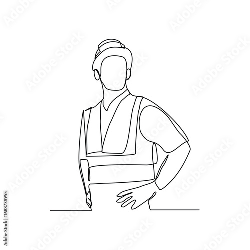 Continuous line drawing of standing building construction worker and engineering man. One line art of architect or engineer mechanic. Vector illustration editable stroke