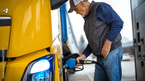 Truck driver fueling a large yellow vehicle at a gas station during a clear day