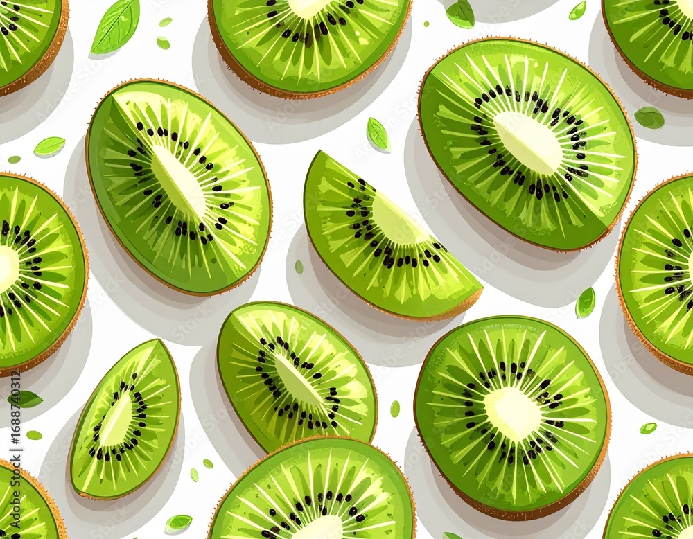 Fototapeta premium Fresh kiwi fruit pattern illustration arranged diagonally. Perfect for backgrounds, fabric designs, or creative projects. Natural and vibrant look adds a refreshing tropical vibe