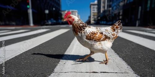 The chicken confidently crossing the urban crosswalk in broad daylight