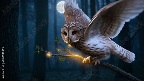 Owl perched on branch under moonlight in forest