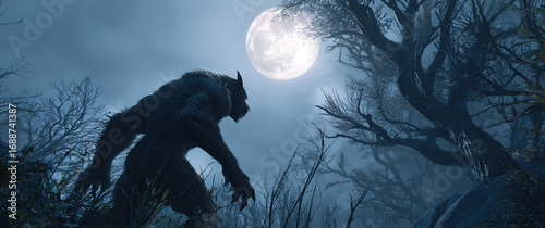 Werewolf howling at full moon - Mysterious forest scene - Horror concept.