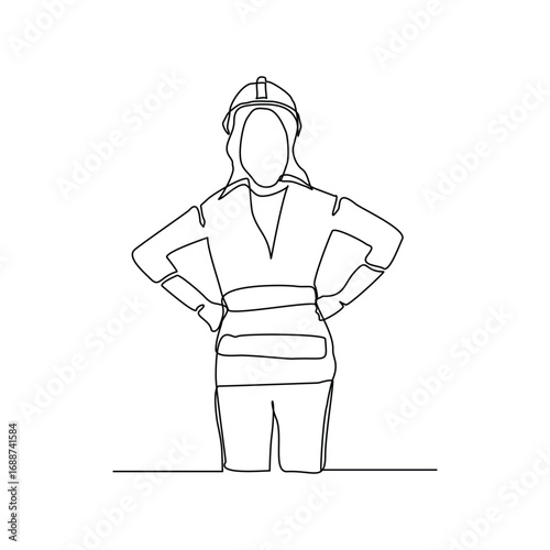 Continuous line drawing of standing building construction worker and engineering woman. One line art of architect or engineer mechanic. Vector illustration editable stroke