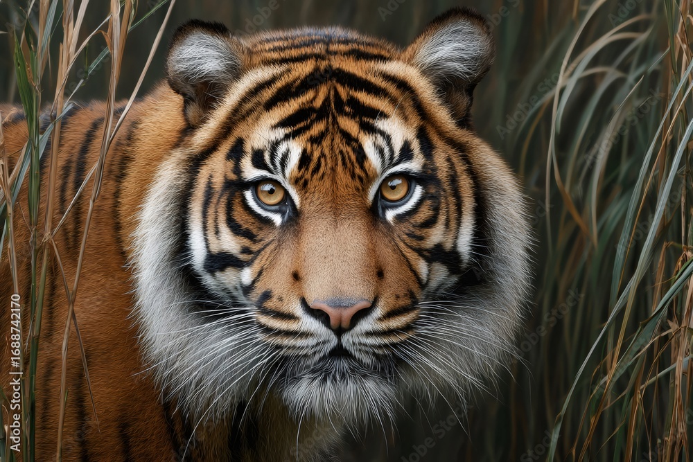 Fototapeta premium Sumatran tiger emerging from tall grass, facing forward