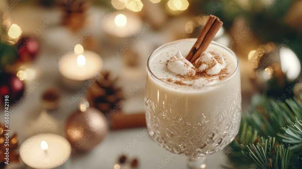Festive eggnog glass with cinnamon sticks surrounded by christmas lights and candles Festive eggnog glass with cinnamon sticks surrounded by christmas lights and candles
