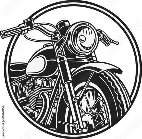 A bold, black and white graphic illustration of a classic motorcycle's front end, framed within a double circle.