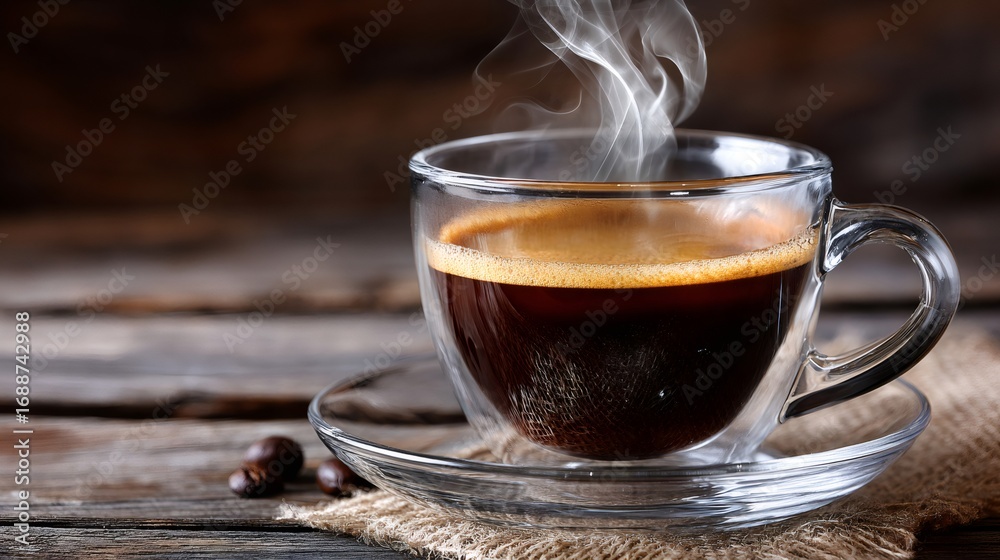 Fototapeta premium Steaming cup of black coffee sitting on rustic wooden table