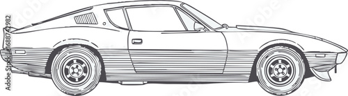 A detailed black and white line drawing of a classic 1970s sports coupe, shown in a side profile view.