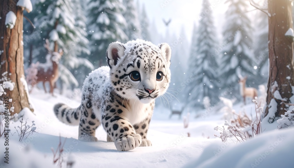 Fototapeta premium Cute snow leopard cub in a snowy forest