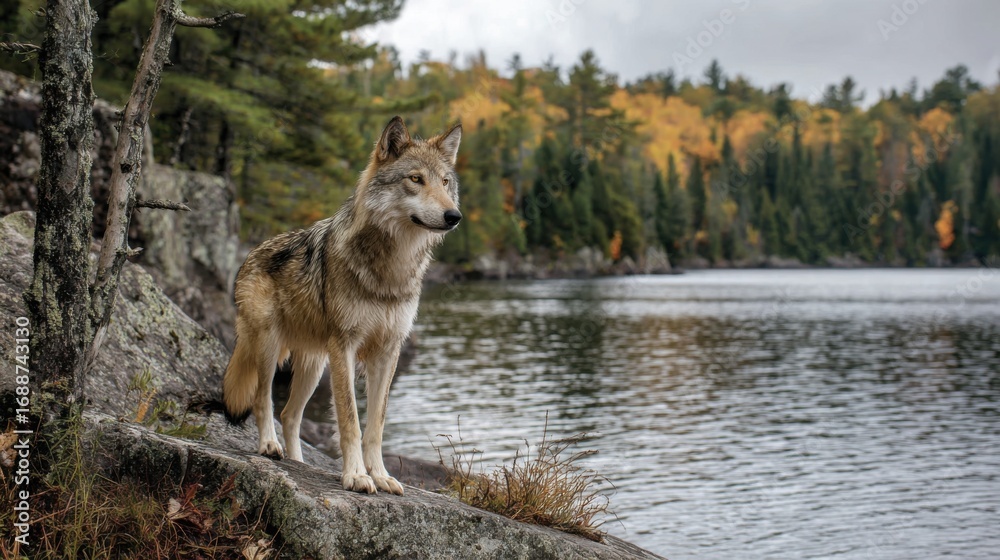 Fototapeta premium A wolf gazes across a calm lake surrounded by vibrant autumn foliage. Trees reflect the changing colors as the animal remains alert on the rocky shoreline.