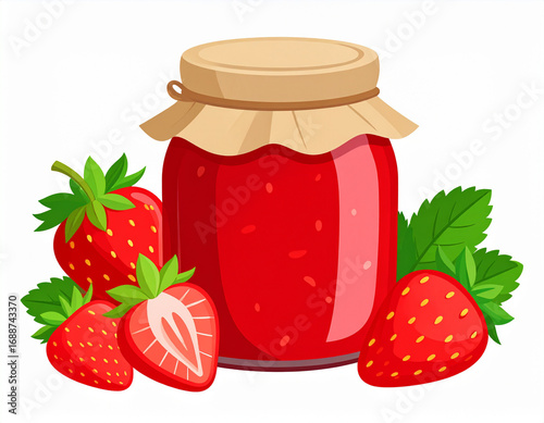 Jar of strawberry jam with fresh berries isolated on white background.