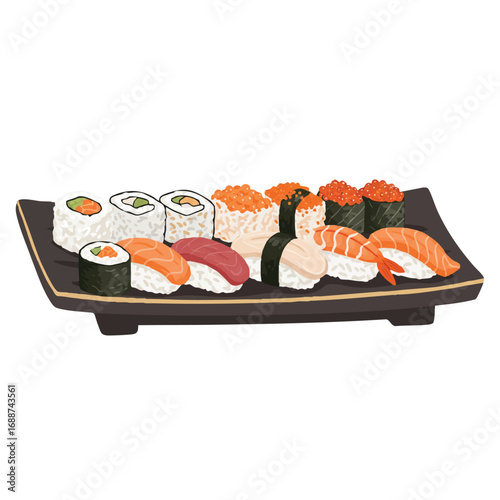 Elegant flat 2D vector illustration of an artfully arranged sushi platter with maki rolls, fresh sashimi, and nigiri on a rectangular dish, isolated on white.
