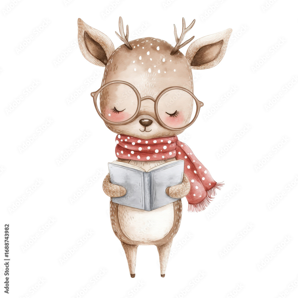 Obraz premium Cute deer wearing glasses and scarf reads book, ready for back to school adventures