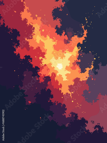 Abstract fire burst fractal energy, palette: flame red, ember orange, golden yellow, coal black