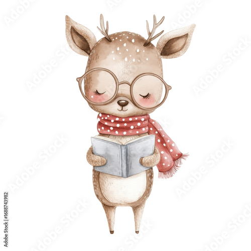 Cute deer wearing glasses and scarf reads book, ready for back to school adventures
