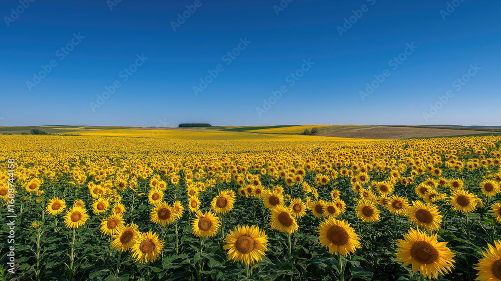 Fototapeta premium Vast sunflower fields stretching to the horizon under blue skies.