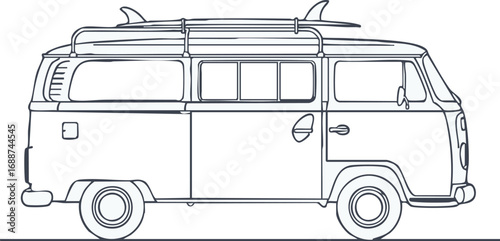 A black and white line drawing of a classic retro van with a surfboard secured on its roof rack.