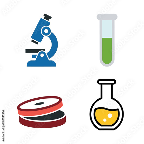 Science lab equipment icons: microscope, test tube, petri dish, flask.