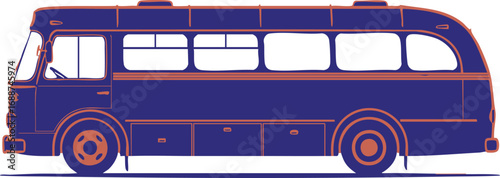 A stylized side profile illustration of a vintage blue and orange single-decker passenger bus.