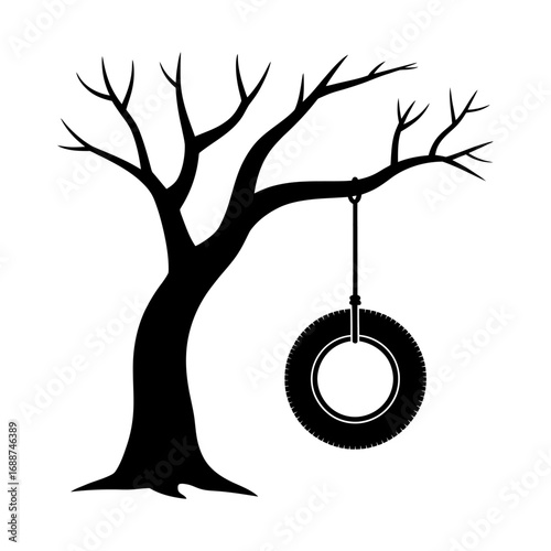 black and white silhouette of tree with hanging tire swing
