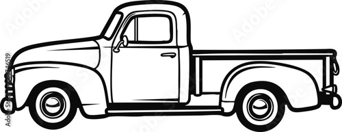 A classic vintage pickup truck shown in a side profile view, rendered as a simple black and white line art illustration.