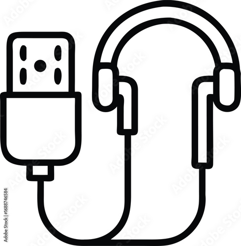 Vector art of line art icon of a pair of earbuds connected to a usb plug