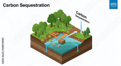 Isometric illustration depicting carbon sequestration process with trees, water flow, and arrows indicating carbon capture.