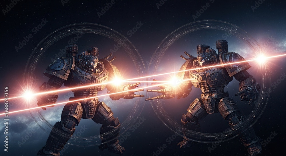 Fototapeta premium Cosmic Clash: Two Steampunk Titans in Interstellar Combat