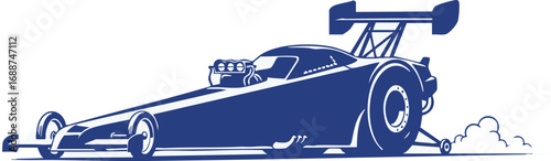 A blue dragster with a large rear wing and exhaust smoke, depicted in a stylized graphic illustration.