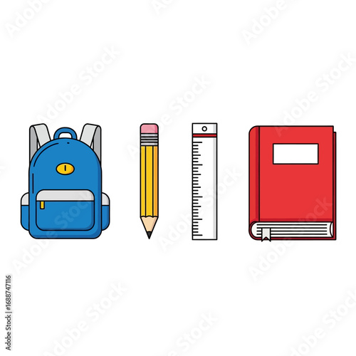 Backpack, pencil, ruler, and book; school supplies.