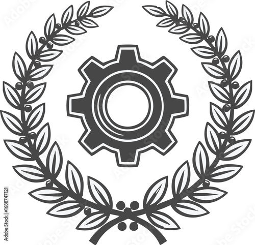 A stylized grey cogwheel emblem is centrally placed within a symmetrical laurel wreath, symbolizing achievement and industry.