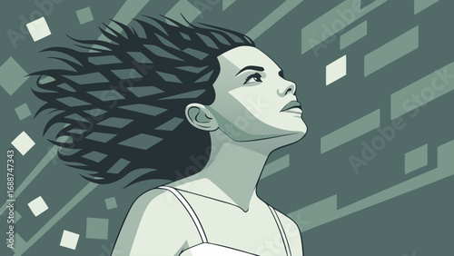 Abstract portrait of a woman looking upward windblown hair geometric background vector art illustration.