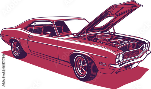 A classic red muscle car with its hood open, revealing the engine for inspection or repair, showcasing its vintage design and mechanical components.