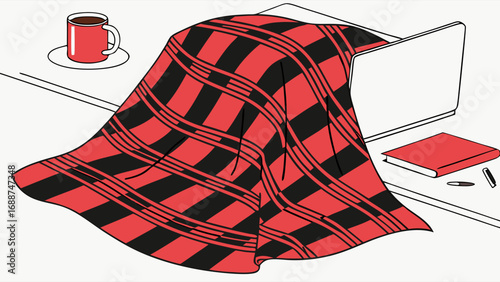 A blanket draped over a laptop and book on a desk with a mug of coffee nearby Perfect for illustrating concepts of rest relaxation break or work from home.