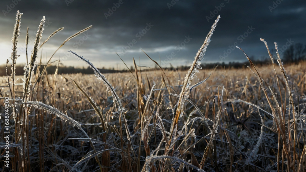 Fototapeta premium A serene landscape of frostcovered grass in a field under a dramatic, cloudy sky, capturing the quiet beauty of a winter morning with a touch of sunlight breaking through