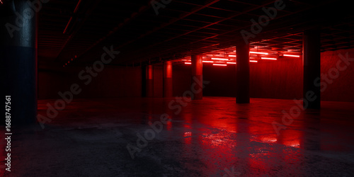 Underground Parking Corridor Spaceship Red Glow Room Garage Hangar Warehouse Sci Fi Futuristic Metal Mesh Panels Structure Stone Floor Showroom Garage Lights 3D Rendering