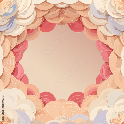 Vector cut paper petals layered as delicate border in dusty rose and butter beige with subtle accents