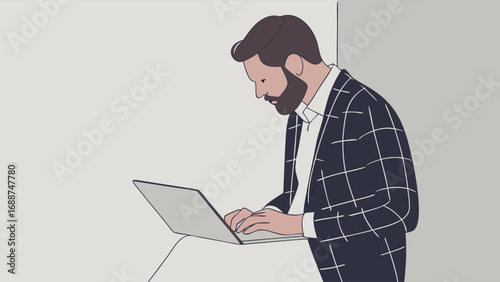 Businessman working on laptop modern illustration professional digital nomad freelance office remote work stylish man.
