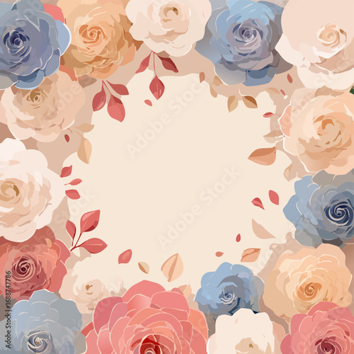Vector cut paper petals layered as delicate border in dusty rose and butter beige with subtle accents