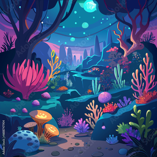 Fantasy underwater coral reef glowing at night.