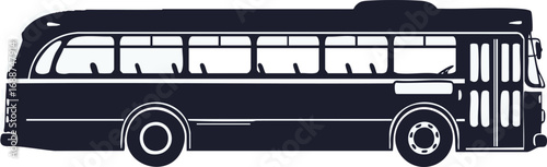 Side view of a dark bus with windows and wheels in silhouette.