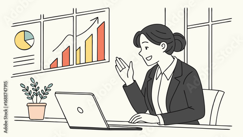 Businesswoman on Video Conference Call with Charts and Graphs.