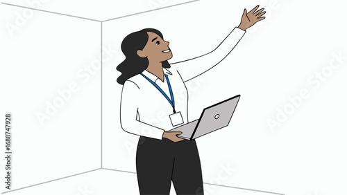 Businesswoman presenting laptop modern office illustration presentation gesture communication technology woman female professional work corporate career job employee confident success meeting digital.