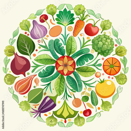 Organic vegetables arranged in a mandala pattern, watercolor style.