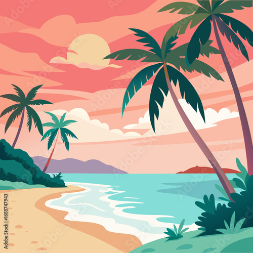 Watercolor tropical beach with palm trees, soft pastel.