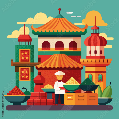Traditional Asian spice market in flat vector illustration